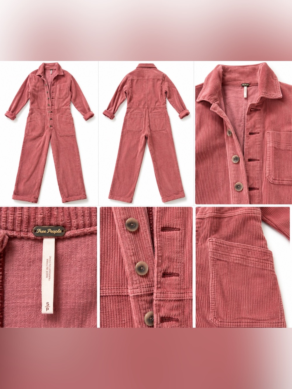 Free People Rose Corduroy Button-Front Jumpsuit